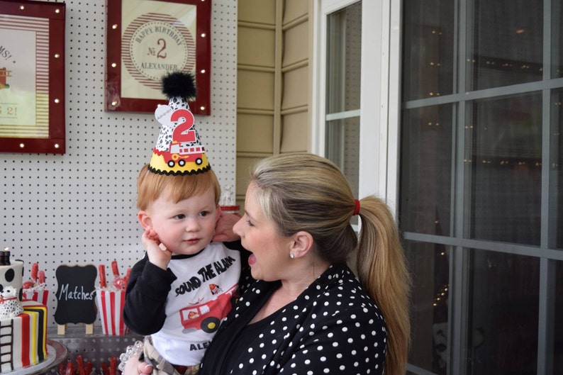 Firetruck Birthday Party Hat, Firetruck Party, Dalmation Print, Black, Red and Yellow, Personalized image 4