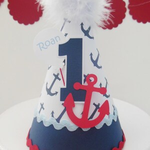 Sailor Birthday Party Hat, Nautical Party Them, ,Anchor Birthday Party Hat, Blue, White, Red, Personalized image 5