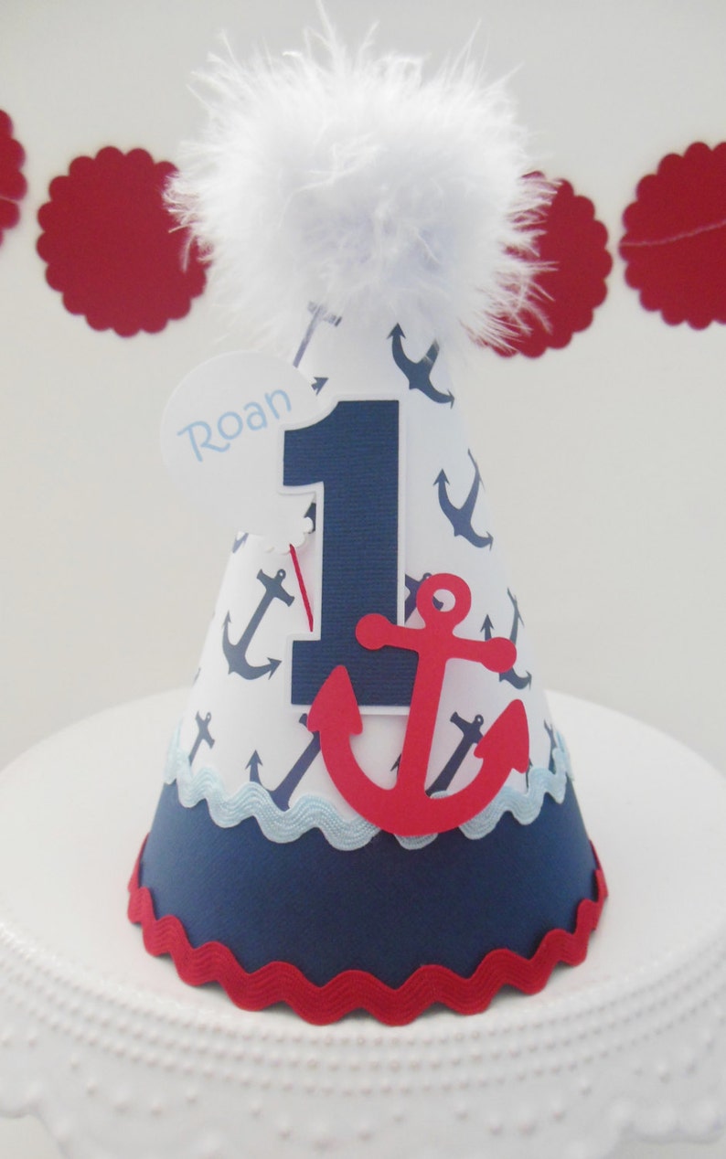 Sailor Birthday Party Hat, Nautical Party Them, ,Anchor Birthday Party Hat, Blue, White, Red, Personalized image 5