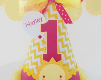 Hot Pink Sunshine Birthday Party Hat, Hot Pink and Yellow Chevron, Sunshine Birthday Party Hat, Personalized