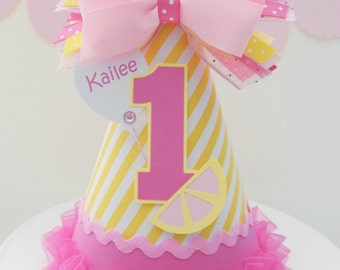 Pink Lemonade Yellow Striped Birthday Party Hat, Personalized
