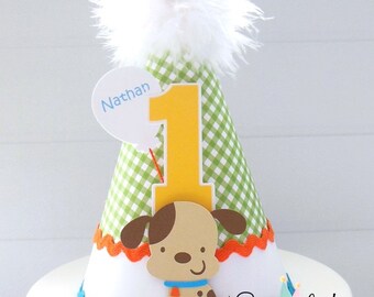 Puppy Dog Birthday Party Hat, Dog Party Hat, Puppy Party Hat, Puppy Theme, Green Gingham, Turquoise, Orange, Personalized