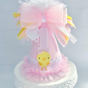 Chick Party Hat, Chick Birthday Hat, Duck Birthday Party Hat, Farm Party Hat, Pink Gingham, Pink, Yellow, Personalized