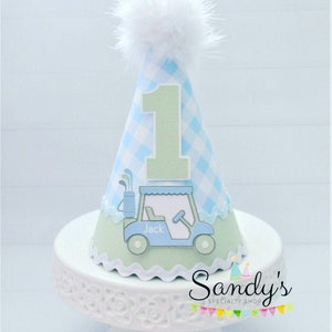 Golf Party Hat, Golf Birthday Hat, Golf Party, Hole in One Party Hat, Golf Par-Tee, Blue Gingham, Blue, Green, Personalized