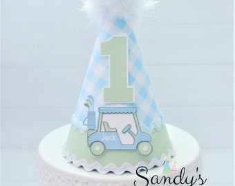 Golf Party Hat, Golf Birthday Hat, Golf Party, Hole in One Party Hat, Golf Par-Tee, Blue Gingham, Blue, Green, Personalized