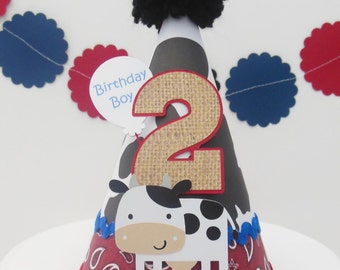 Cow Birthday Party Hat, Farm Party, Cow Party, Cow Pattern, Red Bandana, Blue and  Burlap Patterned, Personalized