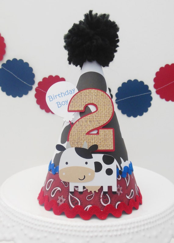 Lil' Cow Barnyard Cutie - Red Bandana, Blue and Burlap Patterned Birthday Party Hat - Personalized - Farm Party, Cowboy Party Il_570xn