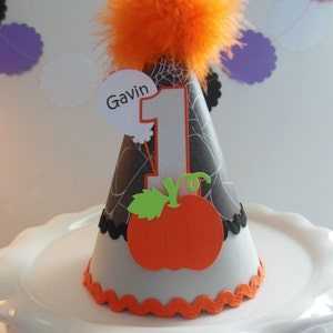 PPumpkin Party Hat, Pumpkin Birthday Hat, Fall Birthday, Halloween Party Hat, Spider Web Party Hat, Plaid, Gray, Orange, Personalized