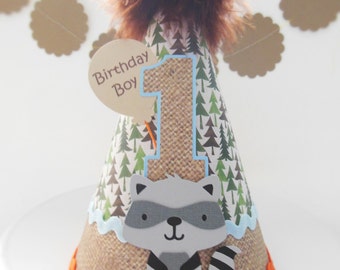 Squirrel or Raccoon Woodland Birthday Party Hat, Forest Trees, Burlap, Orange, Light Blue and Brown, Personalized