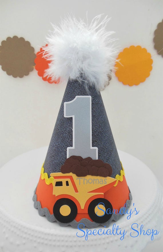 Lil' Construction Zone Birthday Party Hat - Denim, Silver - Grey, Yellow, Orange - Personalized Il_570xn