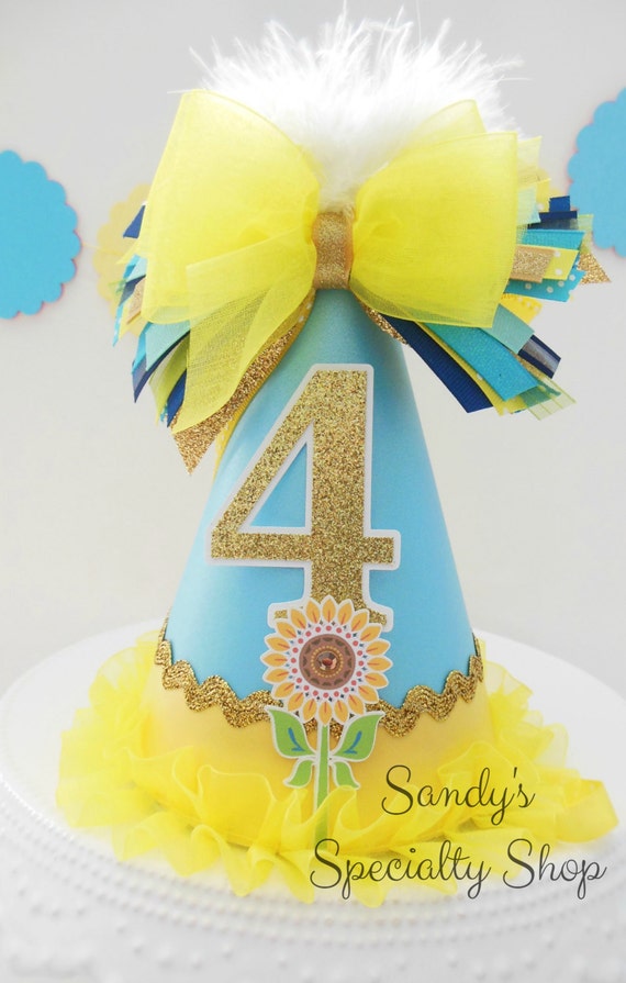 Frozen Fever - Sunflower Princess Birthday Party Hat - Aqua, Yellow and Glitter Gold Il_570xn