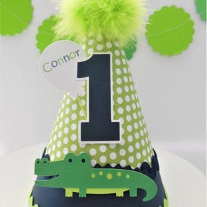 Alligator Party Hat, Alligator Birthday Hat, Preppy Alligator, Bayou Theme, Green Polka Dot, Blue, Personalized