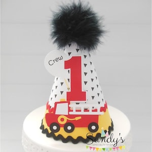 Firetruck Party Hat, Firetruck Birthday Hat, Fireman Theme Party, Black and White Paw Print, Yellow, Red, Personalized