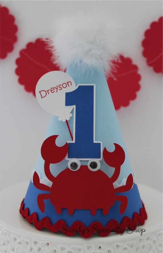 Crab Birthday Party Hat, Nautical Party Hat, Baby Blue, Royal Blue, Red