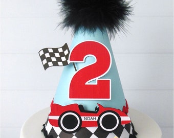 Racecar Party Hat, Two Fast Party Hat, Racecar Birthday Hat, Too Fast Theme, Two Fast Party, Aqua Teal, Black, White, Red, Personalized