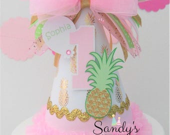 Sombrero de fiesta de piña, sombrero de cumpleaños de piña, sombrero de fiesta luau, fiesta tropical, fiesta aloha, fiesta hula, rosa, dorado, personalizado