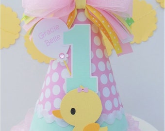 Rubber Duck Birthday Party Hat, Rubber Ducky Party Hat, Pink, White Polka Dot, Mint Green, Yellow , Personalized