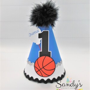 Basketball Party Hat, Basketball Birthday Hat, Basketball Party, Rookie Year Party Hat, Royal Blue, White, Silver, Black, Personalized