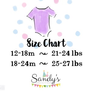May include: Size chart for baby clothes, showing sizes in months and weight in pounds. The chart shows sizes 12-18 months, 18-24 months, and corresponding weights of 21-24 lbs and 25-27 lbs. The chart is decorated with a purple baby onesie and pink and blue confetti.