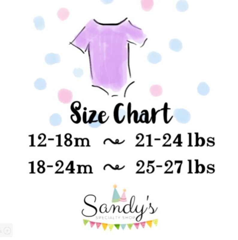 May include: Size chart for baby clothes, showing sizes in months and weight in pounds. The chart shows sizes 12-18 months, 18-24 months, and corresponding weights of 21-24 lbs and 25-27 lbs. The chart is decorated with a purple baby onesie and pink and blue confetti.