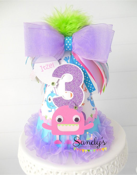 Monster Party Hat, Monster Birthday Hat, Girl Monster, Monster Pattern, Pink, Aqua Blue, Purple, Glitter, Personalized Il_570xn