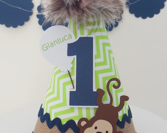 Monkey Birthday Party Hat, Monkey Party Hat, Zoo Party, Monkeying Around Party, Lime Chevron, Burlap Pattern, Navy Blue , Personalized