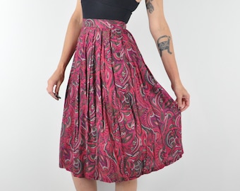 90s Pink Paisley Rayon Midi Skirt - High Rise Small