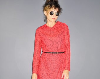 70s Red Print Dress M