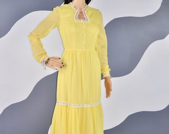 70s Yellow Prairie Dress S
