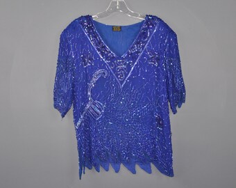 80s Blue Silk Beaded Blouse M