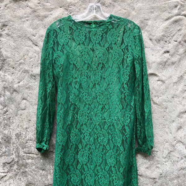 90s Green Lace Dress - Small | Sheer Green Lace Dress With Separate Lining | Vintage Party Dress