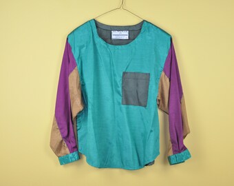 Medium Shiny 80s Shirt 80s Color Block Blouse 80s Bat Wing Sleeves Vintage Color Block Top 90s Satin Blouse