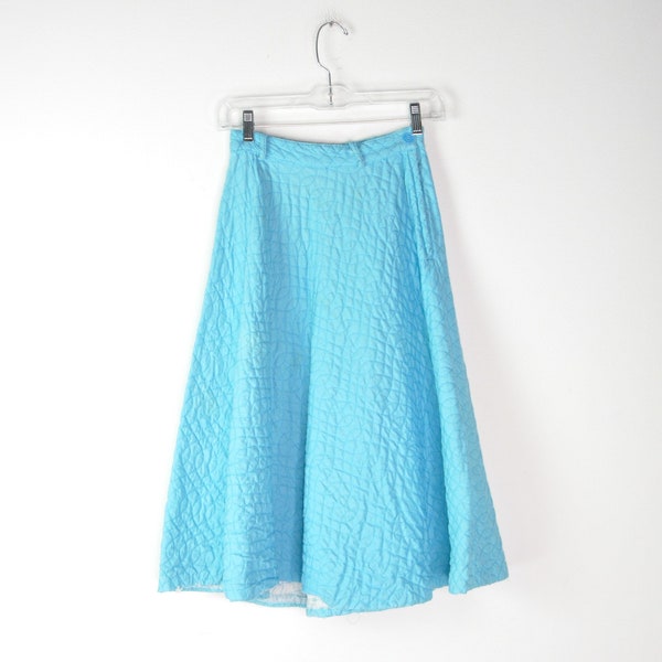 Vintage 60s Quilted Blue Skirt - XXS |  Bright Quilted Skirt | Vintage Midi Skirt | Blanket Skirt | Belted Skirt | Girls 60s Skirt