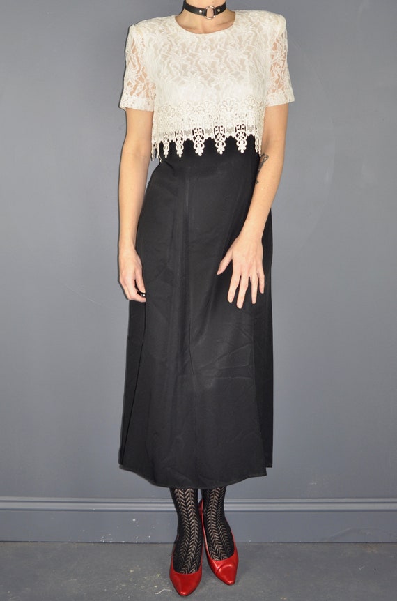 80s Lace Black White Dress S