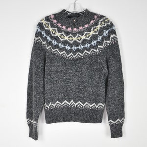 1990s Boho Sweater - Small | Vintage Pullover Sweater | 90s Mock Neck Sweater | Preppy Sweater Gray Pastel Knit Fair Isle Sweater