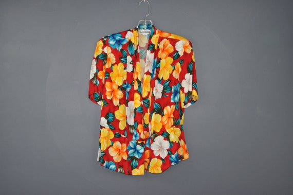 80s Tropical Print Blouse M - image 1