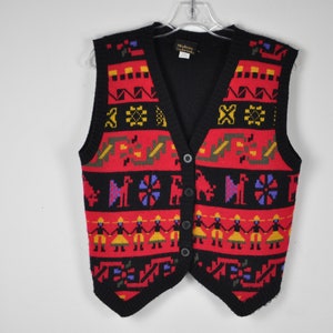 80s 90s Knit Sweater Vest - Medium Fair Isle Knit Vest 90s Knitwear Vintage Print Sweater Vest Grandma Sweater Red Print Knit Vest Folk Art