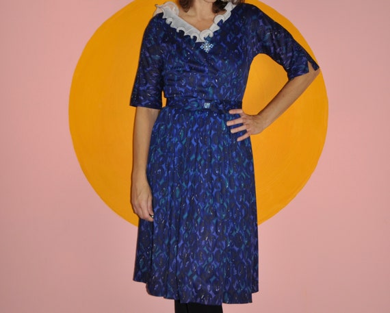 60s 70s Blue Floral Ruffle Dress S - image 3