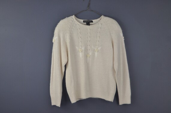 80s Silk Angora Sweater M Beaded Ivory 