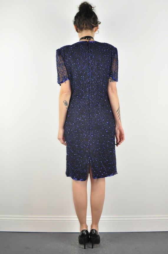 80s Blue Beaded Dress - Medium | Sequin Short Sle… - image 6