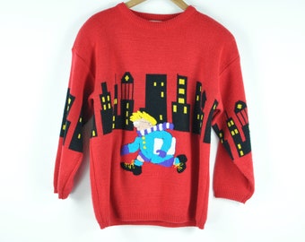 1980s Print Sweater Small Vintage Red 
