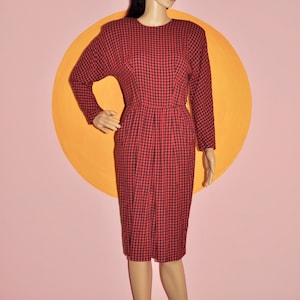 80s Red Checked Dress - Small Medium | Vintage Red Wool Dress | 1980s Plaid Batwing Dress | Vintage Shoulder Pad Dress Winter Midi Dress