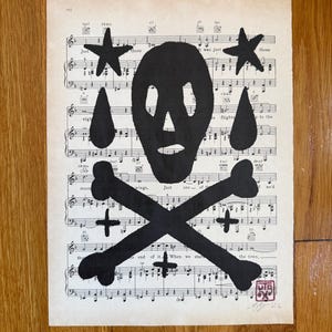 Skull and Cross Bones Print on Antique Music Paper, Dark Goth Art (9x12)
