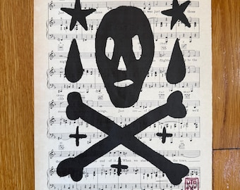 Skull and Cross Bones Print on Antique Music Paper, Dark Goth Art (9x12)