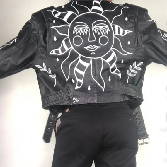 Hand Painted 80s Cropped Leather Jacket - Medium … - image 2