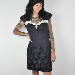 90s Black Lace Trim Prom Dress - Small | Sequin Long Sleeve Party Dress | Jacquard Party dress | Goth Prom Dress | Black Damask Dress