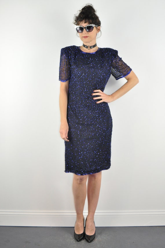 80s Blue Beaded Dress - Medium | Sequin Short Sle… - image 3