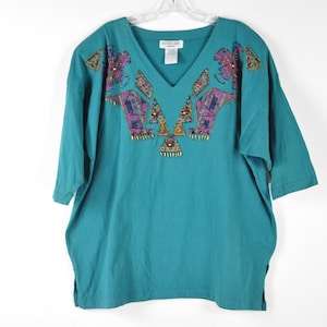80s 90s Embellished Southwest Tee - 2X | V Neck Golden Girls Tee | Beaded Shoulder Pad T-Shirt | Patchwork Grandma Tee | Single Stitch Tee