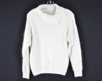 1980s Ivory Silk Angora Sweater - Medium | Vintage Fuzzy Sweater | 80s Knitwear | 1980s Knitted Sweater | Vintage 80s Sweater