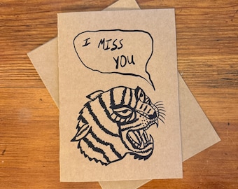 I Miss You Card – Bold Tiger Illustration, Kraft Paper Greeting